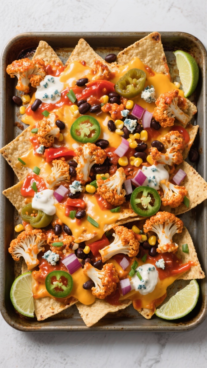 An overhead sheet-pan scene of buffalo cauliflower nachos just out of the oven: sturdy tortilla chips layered with roasted buffalo-sauced cauliflower florets, melted ribbons of pepper jack and cheddar, black beans, corn kernels, sliced pickled jalapeños, and diced red onion. A light sprinkle of blue cheese crumbles melting into pockets, creamy ranch drizzled over the top, finished with chopped chives and lime wedges at the corners. Cheese bubbling, chips still crisp, bright orange-red buffalo sheen, high-contrast lighting to emphasize gooey-cheesy textures and crunchy edges.