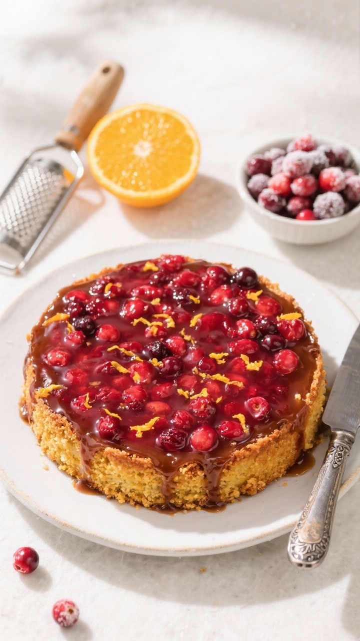 An overhead shot of a cranberry orange upside-down cake just inverted onto a platter: glossy cranberry layer with vibrant reds and orange zest flecks, pooled buttery brown sugar glaze, golden crumb beneath. Include a zester with fresh orange, a small bowl of cranberries (some frosted), and a serrated knife; bright, clean styling with a pop of citrus color, natural daylight to enhance jewel-like cranberries.