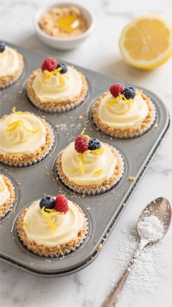 An overhead shot of no-bake lemon cheesecake bites in a mini muffin tin with paper liners, each featuring a firmly packed graham cracker biscuit crust and a silky, pale lemon filling piped smooth on top; garnished with fresh berries and a dusting of bright lemon zest. Include visible ingredients around the scene: a halved lemon with zest curls, a small bowl of graham cracker crumbs, melted butter, and a spoon dusted with powdered sugar. Cool, sunshine-y mood on a light marble surface, crisp textures, no baking equipment visible beyond the tin, professional soft daylight.