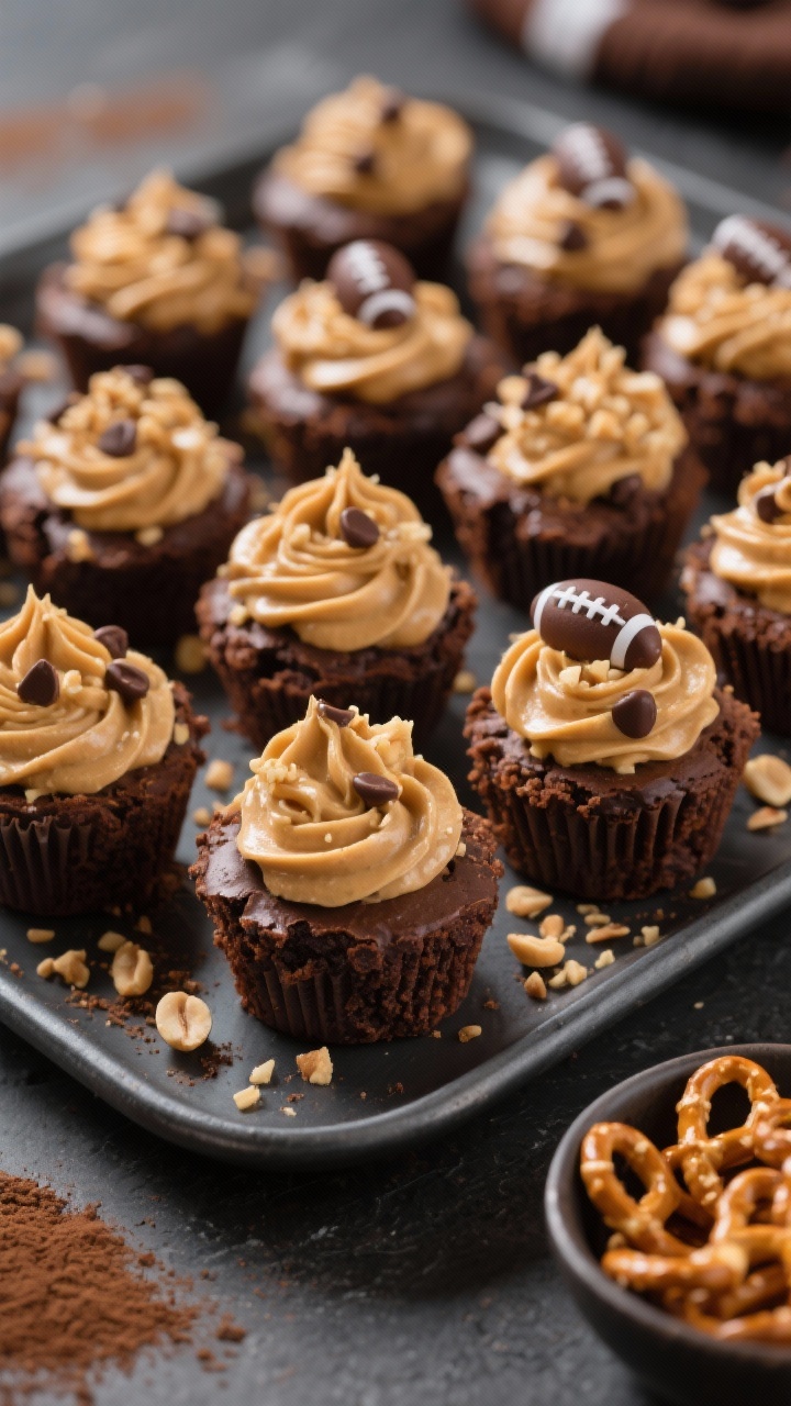 Close-up, 45-degree angle: A platter of mini brownie bites baked in a mini muffin shape, topped with glossy two-minute peanut butter frosting piped in soft swirls, sprinkled with crushed peanuts and a few mini football sprinkles. Rich, fudgy texture visible with mini chocolate chips studding the brownies; dark chocolate crumbs, a pinch of espresso powder hint, and a side bowl of tiny pretzels for sweet-salty contrast. Shot on a matte charcoal slate with warm game-day styling; soft directional light highlighting the silky frosting and moist crumb.