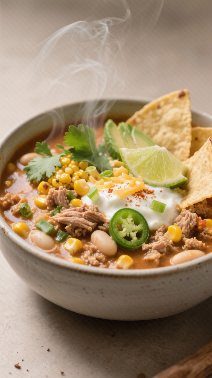 Close-up cozy bowl shot: Creamy turkey and white bean chili with roasted corn, ladled into a matte ceramic bowl. Visible ground turkey crumbles, cannellini beans, fire-roasted corn kernels, diced green chiles, and a velvety base enriched with sour cream and Monterey Jack, seasoned with chili powder, cumin, oregano, smoked paprika, and a touch of cayenne. Finished with a fresh squeeze of lime. Toppings styled on the chili: sliced avocado, cilantro leaves, scallions, a scatter of extra cheese, and a few tortilla chips tucked in. Steam rising, thick, hearty texture in focus, warm neutral backdrop.