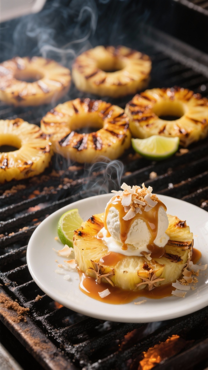 Close-up grill-side capture of Grilled Pineapple Sundaes: caramelized 1/2-inch pineapple rings with deep char lines on a grill grate, brushed with a mix of brown sugar, lime juice, oil, cinnamon, and salt, lightly sizzling. In the plated foreground (shallow depth of field), a warm pineapple ring topped with a scoop of vanilla ice cream, cascading coconut caramel (glossy, amber), and a sprinkle of toasted coconut flakes. Tropical, high-contrast lighting to emphasize smoke, shine, and melting ice cream.