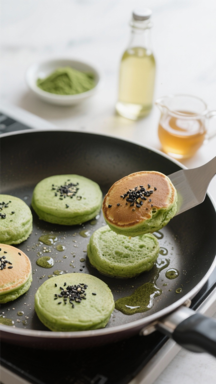 Close-up macro of “Matcha Mochi Minis With Black Sesame Crunch” in the cooking process: mini rounds on a lightly oiled nonstick skillet over medium-low, edges just setting with a few surface bubbles; soft jade-green hue from matcha, sprinkled with lightly toasted black sesame seeds on top; one pancake mid-flip on a thin spatula to show chewy, bouncy interior; side elements include a small dish of matcha powder, a bottle of neutral oil, and a tiny pitcher of honey/condensed milk glistening; clean, modern, Tokyo café mood with controlled highlights, no people.