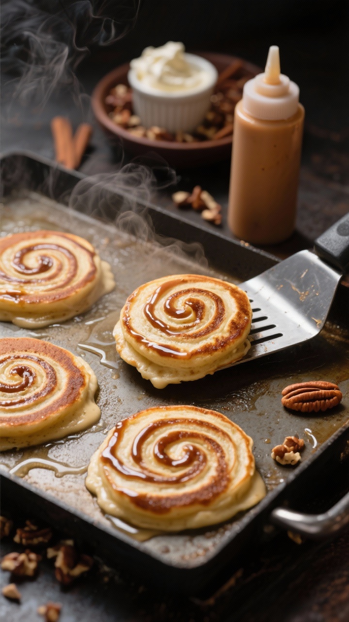 Close-up process shot of Cinnamon Roll mini pancakes on a buttered griddle: 1-tablespoon pools of batter with visible piped spirals of brown sugar–cinnamon swirl beginning to caramelize; one mini mid-flip on a spatula showing the gooey, lacquered swirl; a small squeeze bottle of swirl mixture and a ramekin of cream cheese glaze (pourable) nearby; chopped toasted pecans ready in a dish; warm, moody lighting emphasizing the glossy caramelized lines and steam for dessert-for-breakfast energy.
