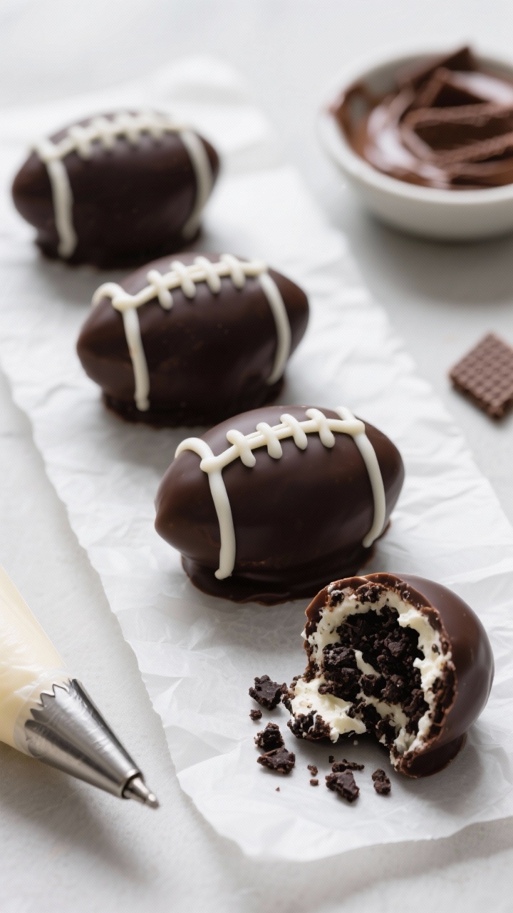 Macro close-up, low 45-degree angle: Overtime Oreo truffle footballs lined up on parchment, each coated in smooth dark chocolate with a crisp sheen, decorated with neat white chocolate laces—one long line with three short cross lines. A broken truffle reveals the ultra-creamy crushed chocolate cookie and cream cheese interior. Minimalist styling with a small bowl of chocolate melting wafers and a piping bag tip in frame; cool, controlled lighting to accentuate the snap of the coating and the truffles’ football shape.