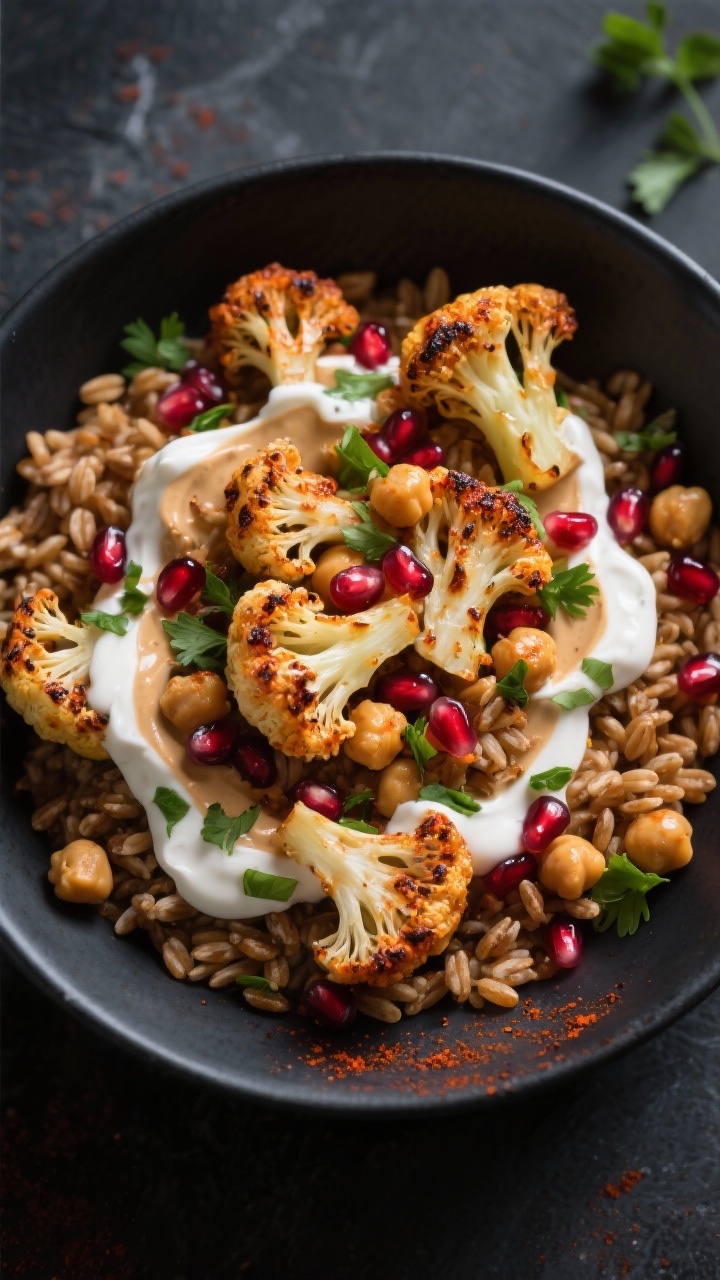 Overhead bowl assembly: harissa-roasted cauliflower florets and crispy chickpeas with charred edges on a bed of warm farro, smoky cumin and paprika dusting visible; generous drizzle of creamy tahini yogurt (Greek yogurt, tahini, lemon, garlic) creating white swoops; shower of chopped parsley and glittering pomegranate seeds; bright, punchy contrast on a matte dark surface.