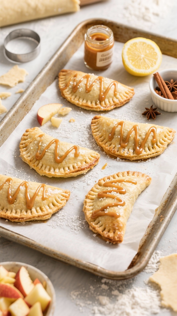 Overhead flat lay: Golden apple pie hand pies arranged on parchment-lined baking sheet, each crimped with forked edges and a small steam slit on top, brushed with egg wash and dusted with coarse sugar. A warm drizzle of jarred salted caramel zigzags over several pies; a small bowl of extra caramel nearby. Surround with prep elements: a circle cutter, unrolled refrigerated pie crust scraps, a ramekin of cinnamon and nutmeg, lemon wedge, and a small pile of finely diced apples tossed with sugars and flour. Bright, cozy tones emphasizing flaky crust and bubbling filling.