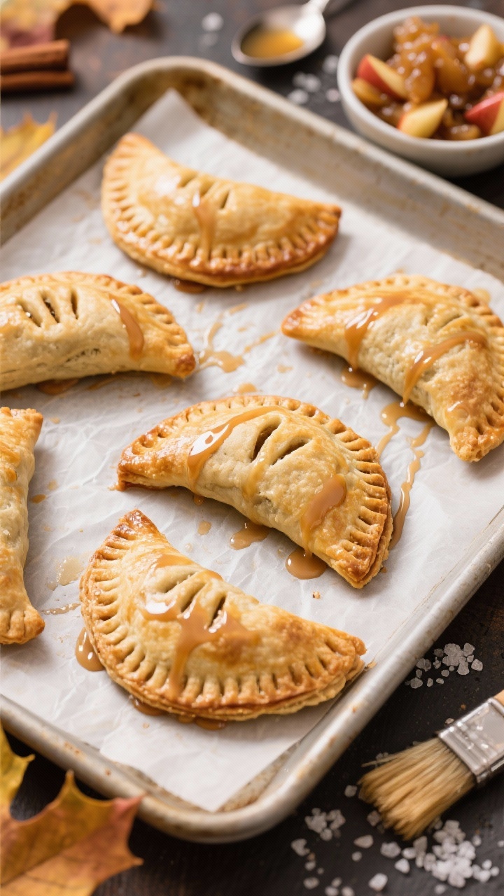 Overhead flat lay of Apple Pie Hand Pies on a parchment-lined sheet pan: half-moon pastries with deep golden, flaky crusts, fork-crimped edges and tiny steam slits, freshly drizzled with shiny maple glaze; a small bowl of the cinnamon-nutmeg apple filling nearby with a spoon; scattered coarse sugar crystals and a pastry brush with egg wash residue; autumnal palette, crisp focus showing laminated layers and glossy glaze set