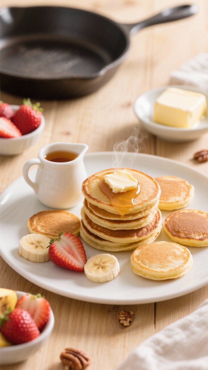 Overhead flat lay of Classic Buttermilk mini pancakes stacked on a warm white platter, each hot mini swiped with glossy maple butter melting into the golden surfaces; a small pitcher of warm maple syrup, bowls of sliced strawberries, banana coins, and toasted pecans arranged around; visible texture of fluffy, slightly lumpy crumb and crisp-edged minis; buttery sheen, steam faintly rising; styled on a light maple wood table with a buttered nonstick skillet and a pat of softened butter off to the side; bright morning light for a cozy, nostalgic breakfast mood.