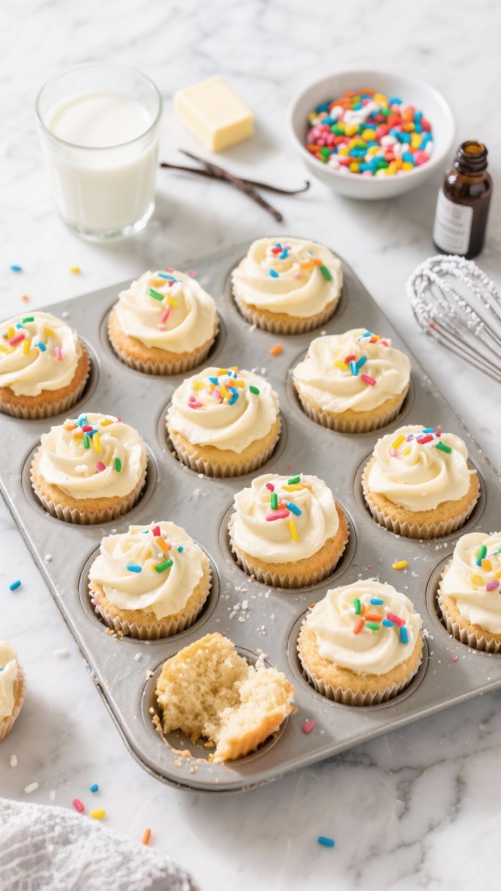 Overhead flat lay of Confetti Milk Bar–style mini vanilla cakes on a cool white marble surface: 10–12 palm-size cakes baked in a muffin tin with flat, leveled tops, generously piped with creamy vanilla buttercream and showered with rainbow jimmies; visible ingredients styled around the scene include whole milk in a small glass, a stick of unsalted butter, a bowl of rainbow jimmies (not nonpareils), vanilla extract bottle, and a whisk dusted with powdered sugar. Soft daylight, bright nostalgic palette, plush crumb visible on one sliced mini; optional glass of cold milk in frame for a childhood vibe.