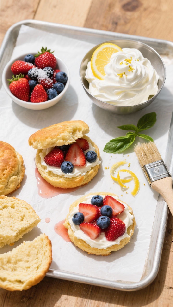 Overhead flat lay of Firecracker Berry Shortcakes being assembled on a parchment-lined baking sheet: golden, freshly baked shortcake biscuits split open, bowls of macerated strawberries and blueberries glistening with lemon juice and sugar, a chilled metal bowl of lemon whipped cream with soft peaks (powdered sugar, lemon zest, vanilla visible), a brush with heavy cream, scattered lemon zest curls, and a few basil ribbons as an optional variation. Bright summer light, crisp textures on the biscuits, juicy berry syrup pooling, clean white and wood surface, vibrant red, blue, and creamy white tones.