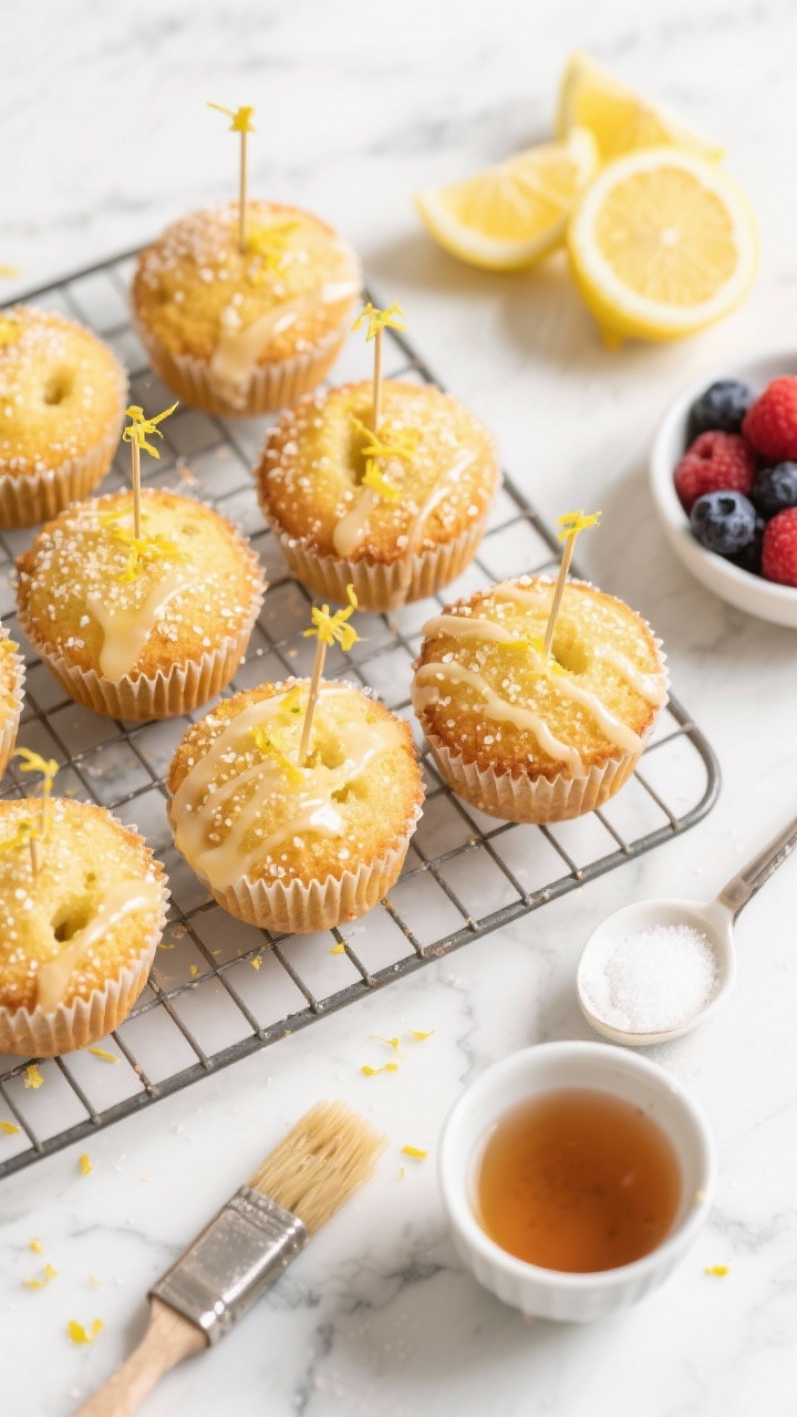 Overhead flat lay of Zesty Lemon Drizzle Minis cooling on a wire rack: golden, tender muffin-tin cakes with coarse sugar–crunch tops glistening from a fresh lemon juice–sugar drizzle seeping into skewer holes; visible lemon zest flecks, halved lemons and a small bowl of granulated sugar nearby, a brush and spoon for drizzling, served with a side dish of fresh berries and a small cup of tea; bright daylight on a white marble surface, clean, crisp styling emphasizing citrusy freshness.