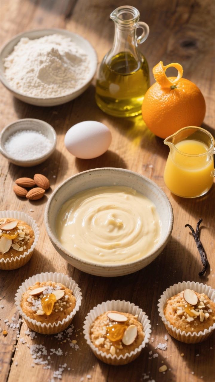 Overhead ingredient-to-assembly shot for Almond-Orange Olive Oil Minis with Honeyed Crunch: silky batter in a bowl surrounded by measured almond flour, all-purpose flour, extra-virgin olive oil in a glass cruet, whole orange with zest curls, a small pitcher of orange juice, eggs, vanilla; muffin cups partially filled, then topped with a drizzle of honey, sliced almonds, and a pinch of flaky salt ready for baking; warm, sunlit wooden table emphasizing Mediterranean elegance and subtle sophistication.