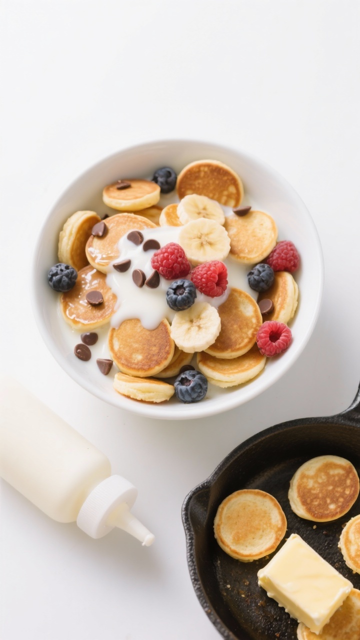 Overhead ingredient-to-final transition for “Cereal-Style Mini Pancake Bowl With Vanilla Milk”: a bowl filled with tiny, pea-size golden mini pancakes with crispy edges, lightly glossed with vanilla milk (warm milk, vanilla, maple syrup) poured just enough to coat; scattered optional toppings—mini chocolate chips, sliced banana coins, fresh berries—clustered artfully; a squeeze bottle lying beside a buttered skillet with a few minis mid-cook in the corner of the frame; clean white background, playful whimsical vibe, high contrast and sharp detail; emphasis on tiny scale and crunchy texture, no people.