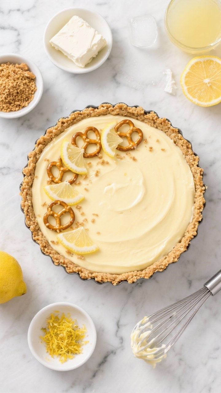Overhead ingredients-to-final transformation of Frozen Lemonade Pie with Pretzel Crust on a cool marble surface: the finished pie in a 9-inch dish with smooth, pale lemon filling and a defined pretzel crumb crust, garnished with crushed pretzels and thin lemon slices. Around it, small bowls of pretzel crumbs, melted butter, cream cheese, sweetened condensed milk, thawed frozen lemonade concentrate, lemon zest, fresh lemon juice, and a whisk with traces of creamy filling. Fresh, chilled look with zesty yellows and salty-golden crust texture, clean lines and high clarity.