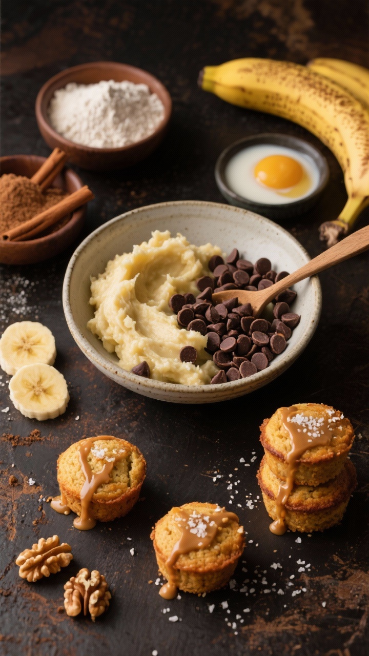 Overhead ingredients-to-finish storyboard for Chocolate Chip Banana minis: a sequence on a dark rustic surface showing a bowl of mashed ripe banana, the dry mix (flour, brown sugar, baking powder, baking soda, cinnamon, salt), wet ingredients (milk, egg, melted butter, vanilla), folding in mini chocolate chips, then golden cooked minis arranged in small stacks; finished with warm salted caramel drizzle and a sprinkle of flaky sea salt; sliced bananas and chopped walnuts in small bowls; rich, cozy tones to evoke banana-bread warmth and indulgence.