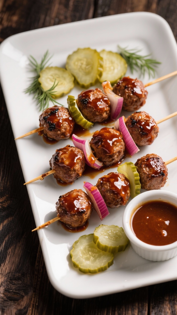 Overhead platter of maple-BBQ meatball skewers with pickle crunch: skewers alternately threaded with glossy, broiler-charred meatballs, crinkle-cut dill pickle chips, and red onion chunks; sticky glaze of BBQ sauce, maple syrup, and cider vinegar visibly caramelized; extra glaze brushed on a few skewers, with a ramekin of sauce on the side; scattered additional pickle chips for texture; clean white tray on a dark wood surface for contrast.