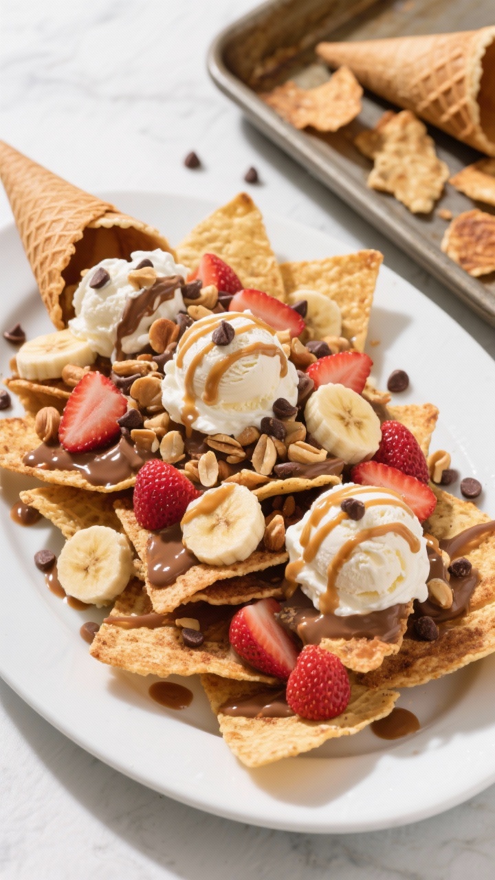 Overhead platter shot: Sundae nachos assembled on a large white platter—cinnamon-sugar toasted waffle cone “chips” arranged in layers, topped with scoops of vanilla ice cream, diced strawberries, banana slices, and chopped peanuts. Warm hot fudge and caramel sauces drizzled generously, with dollops of whipped cream and a sprinkle of mini chocolate chips. A nearby sheet pan with extra toasted cone shards hints at the crisp texture; vibrant, high-contrast lighting to capture melty gloss, crunchy edges, and colorful toppings for a dramatic, shareable look.