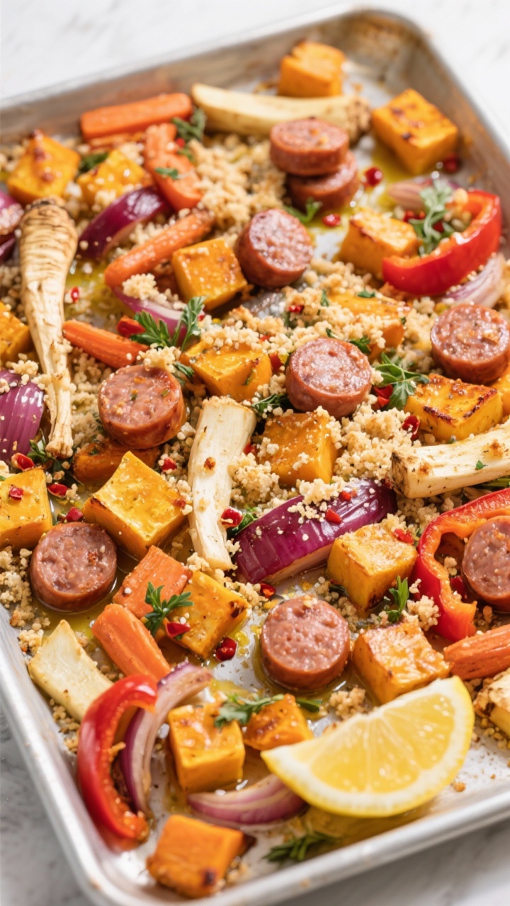Overhead roasted medley with crunch: Harvest veggie and sausage bake spread on a large sheet pan—cubed butternut squash, parsnip, carrots, red bell pepper, and red onion tossed with olive oil, oregano, crushed red pepper flakes, kosher salt and pepper, topped with half-inch rounds of Italian sausage (sweet or spicy). A final sprinkle of herby parmesan panko crumbs (panko, parmesan, parsley, melted butter) toasted golden over the top, lemon wedges at the corner ready to squeeze. Vivid autumn colors, caramelized edges, crisp crumb texture captured under bright natural light.