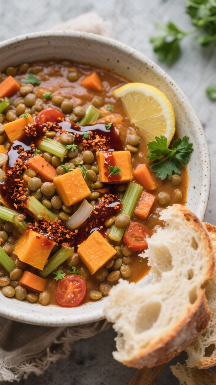 Overhead rustic bowl shot: thick lentil and butternut stew showing cubes of orange squash, green/brown lentils, carrots, celery, and onion in a tomato-kissed base with coriander and smoked paprika; a dramatic drizzle of toasted cumin-chili oil across the surface, lemon wedge nearby, sprinkle of chopped parsley; crusty bread torn on the side, cozy meal-prep vibe.