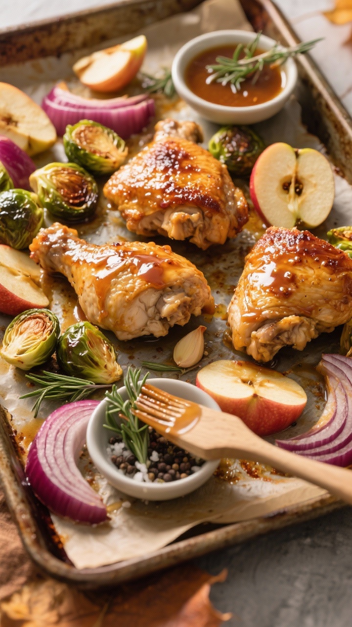 Overhead sheet-pan action shot: Maple-Dijon sheet pan chicken thighs roasting alongside halved Brussels sprouts, Honeycrisp apple wedges, and thick red onion wedges on parchment-lined pan at 425°F. Golden, crackly chicken skin brushed with glossy maple-Dijon glaze (maple syrup, Dijon, apple cider vinegar, garlic, thyme, smoked paprika), caramelized Brussels edges, tender apples. Small bowl of extra glaze with brush, sprinkle of fresh thyme leaves, kosher salt and black pepper visible. Warm, cozy fall mood with rustic baking tray, minimal props, natural side light to highlight sticky sheen and crisp textures.