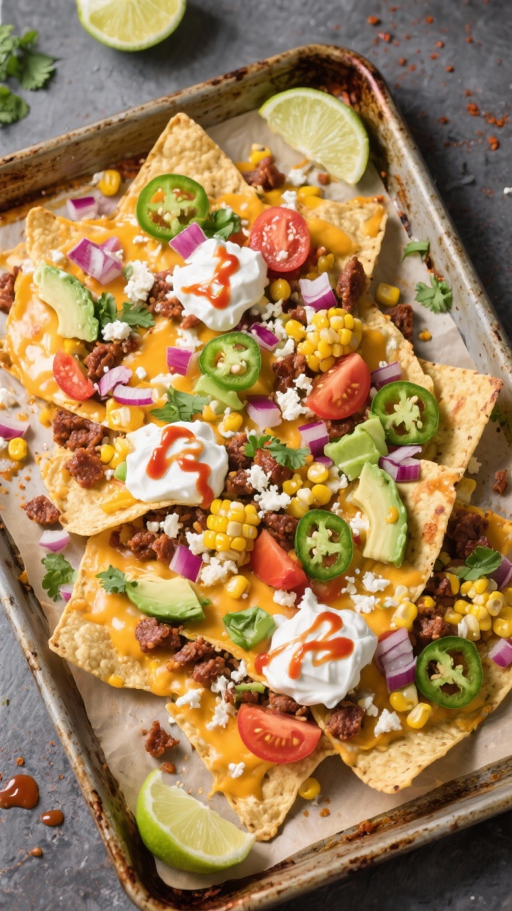 Overhead sheet-pan nachos supreme fresh from the oven: sturdy tortilla chips layered with melted Monterey Jack and cheddar, browned crumbled chorizo, street-corn mixture (corn tossed with mayo, lime juice, chili powder), topped with crumbled cotija, diced red onion, thin jalapeño rounds, Roma tomato, chopped cilantro, and diced avocado; dollops of sour cream and a drizzle of hot sauce scattered across; lime wedges at the edge of the pan; bold, colorful, messy-beautiful composition on a parchment-lined, well-worn sheet pan.