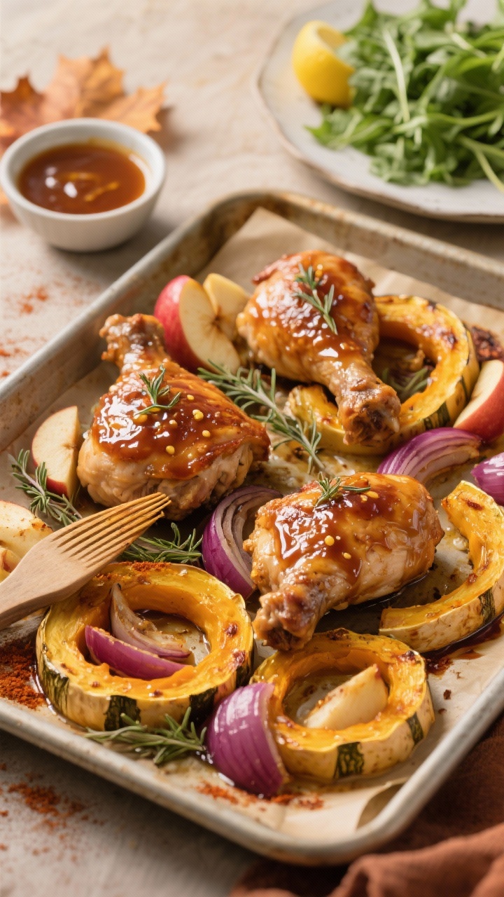 Overhead sheet-pan scene: glossy maple-Dijon glazed bone-in chicken thighs nestled over rings of delicata squash (skin-on), Honeycrisp apple wedges, and red onion, all caramelized at 425°F; brush marks of glaze visible, thyme leaves and a dusting of smoked paprika, with a small bowl of extra maple-Dijon glaze and a side plate of lemony arugula; warm, cozy fall lighting on a parchment-lined pan.