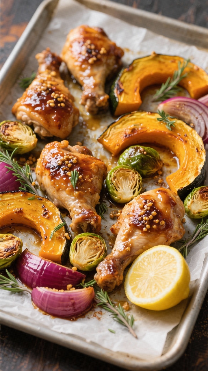 Overhead sheet-pan scene of maple Dijon chicken thighs roasted with halved Brussels sprouts, crescent-moon slices of delicata squash, and red onion wedges on parchment. Glossy, lacquered skin from maple syrup and Dijon/whole-grain mustard glaze, charred caramelized edges on veggies, scattered fresh thyme sprigs and a cut lemon on the side. Warm, cozy fall tones, 425°F oven-roast look, one-pan weeknight vibe, crisp textures and sticky glaze highlighted, no people.