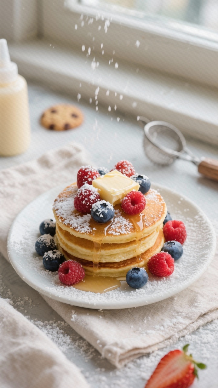 Overhead shot of “Cloud-Soft Vanilla Minis With Berry Snowfall”: small stacks of pillowy mini pancakes on a small white ceramic plate, dusted with a snowfall of powdered sugar, topped with mixed berries (strawberries, blueberries, raspberries) and a light drizzle of maple syrup; golden, fluffy interiors visible at the edges, a pat of melting butter on one stack; warm, natural morning light near a window, soft linen napkin, squeeze bottle and small cookie scoop in the background to hint at technique; color palette of golden tan, ruby red, deep blue, and white powdered sugar for contrast; crisp edges, fluffy centers highlighted; pro brunch vibe, no people.