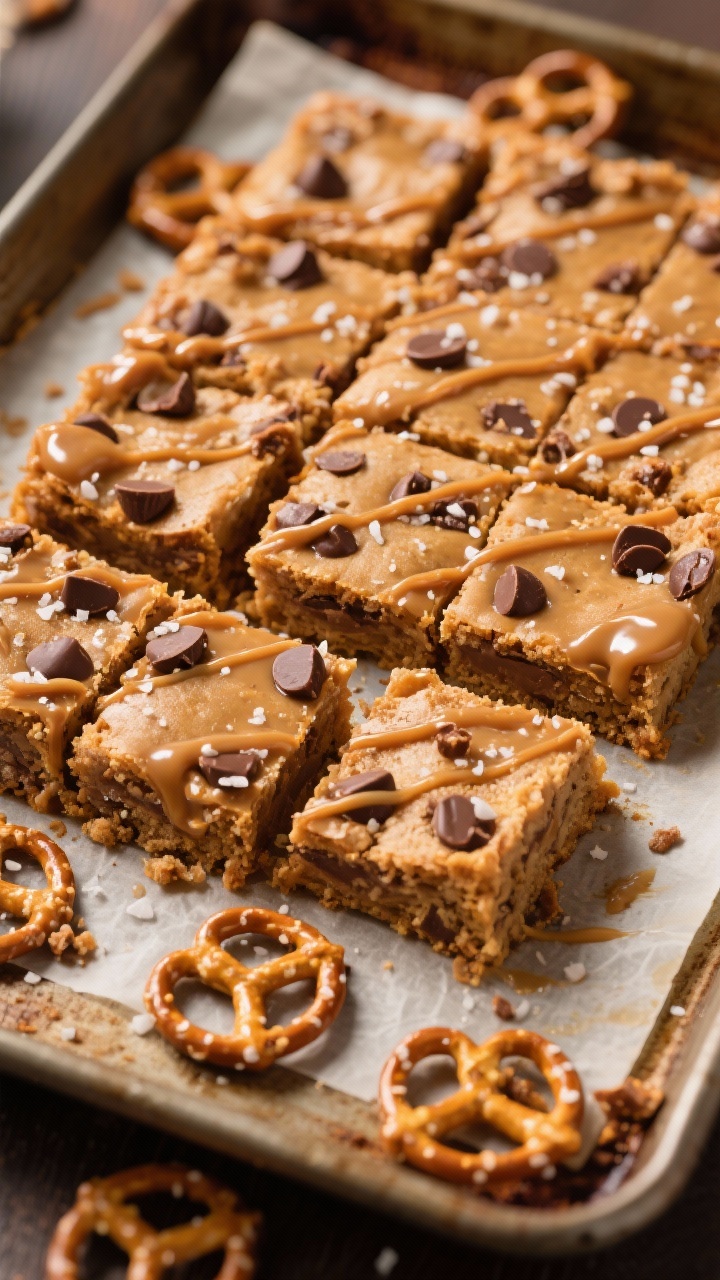 Overhead shot of freshly cut Brown Butter Pretzel Blondies on parchment lifted from a 9x13 pan: chewy amber blondies studded with semisweet chocolate chips and chopped pretzels, glossy salted caramel drizzle zig-zagged over the surface, a sprinkle of flaky sea salt catching light; visible browned butter speckles in the crumb; extra crushed pretzels scattered around on a rustic baking sheet; warm, cozy tones, sharp focus on gooey centers with slightly underbaked texture, professional studio lighting