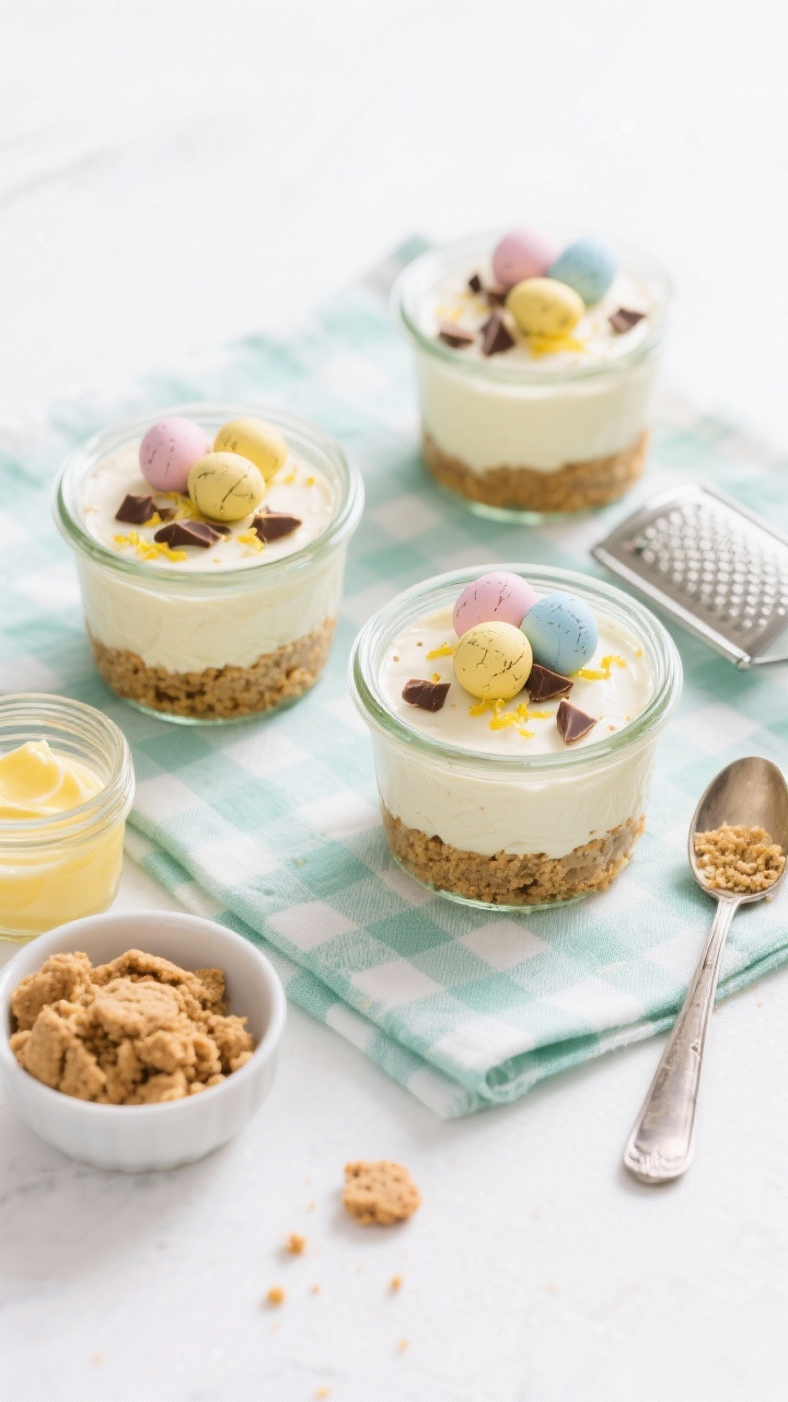 Overhead shot of no-bake mini egg cheesecakes assembled in small glass jars on a picnic-ready gingham cloth: visible layers of crushed digestive biscuit crust (buttery, sandy texture) topped with silky cream cheese filling speckled with roughly chopped pastel chocolate mini eggs; garnished with extra whole mini eggs, fine lemon zest, and a few chocolate shavings. Include a small bowl of crushed biscuits, a jar of melted butter, a microplane with lemon, and a spoon for pressing crusts. Cool, bright daylight, crisp focus, clean white background props, no people.