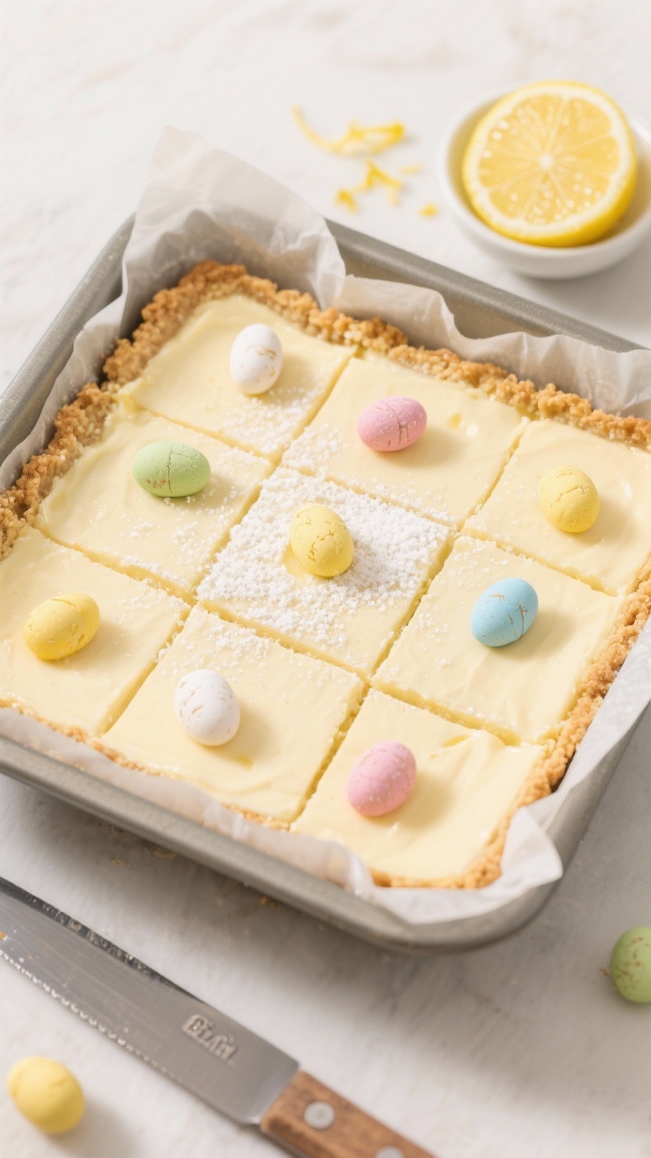 Overhead slice-and-serve scene of lemon-vanilla mini egg cheesecake bars in an 8x8 pan lined with parchment overhang: smooth pale lemony filling with colorful mini egg chunks, cleanly cut into 16 neat squares. Light dusting of icing sugar, a small dish of lemon glaze nearby, visible zest and a halved lemon for context. Biscuit crust appears even and golden at the edges. Bright, airy lighting with neutral props, a warmed knife with wiped blade placed beside for realism.