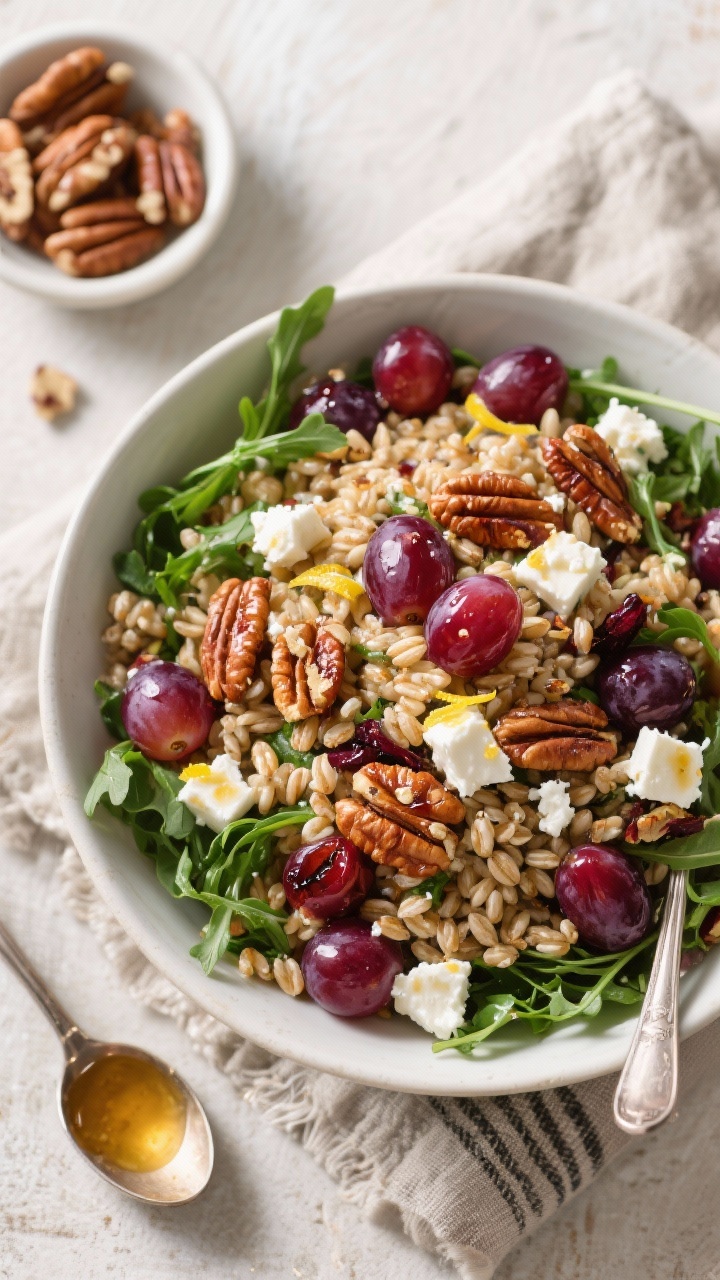 Overhead warm salad bowl of harvest farro tossed with blistered roasted red grapes, crumbled feta, toasted chopped walnuts, and baby arugula. Pearled farro grains glistening with a red wine vinegar–olive oil–honey–Dijon–shallot dressing, lemon zest visible. Jammy purple grapes burst against greens and creamy white feta, arranged on a rustic linen with a small dish of extra walnuts and a spoonful of dressing nearby. Bright, textural, potluck-ready.