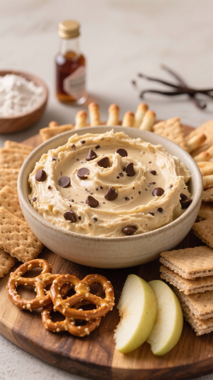 Straight-on bowl shot: A creamy, scoopable cookie dough dip mounded in a neutral ceramic bowl, flecked with mini chocolate chips, with a satiny, dip-like consistency. Surround with dippers fanned around the bowl—pretzels, graham crackers, vanilla wafers, and apple slices—on a wooden board. Include a small side dish of heat-treated flour and a bottle of vanilla extract in the background to nod to the safe-to-eat method; soft highlights on the dip’s surface showing its whipped butter–cream cheese base. Clean, inviting, game-day snack vibe.