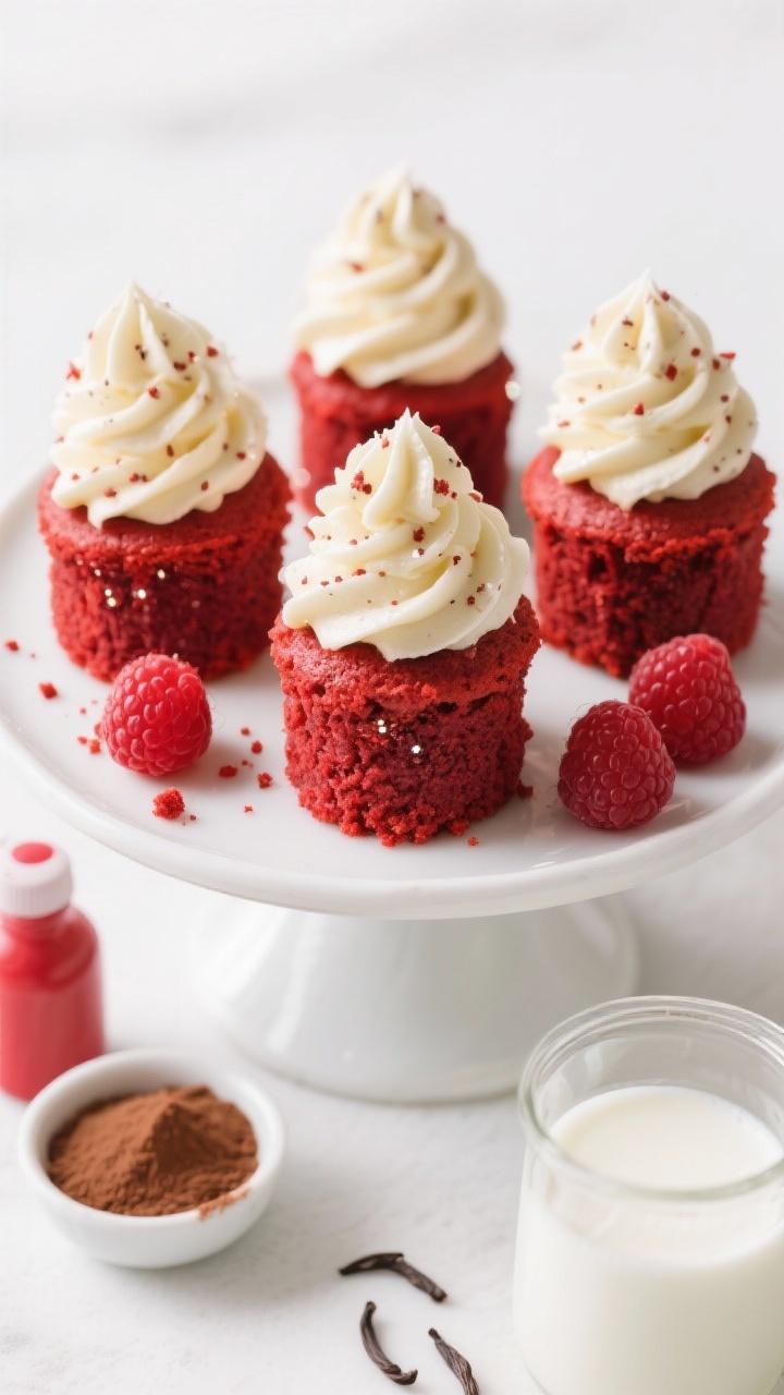 Straight-on, celebratory plated shot of fun-sized red velvet minis with vanilla bean buttercream: vivid red cakes topped with tall, silky swirls of vanilla bean–flecked frosting, finished with a sprinkle of red velvet cake crumbs and a hint of edible glitter. Arrange on a white cake stand with a few fresh raspberries for contrast; include discreet cues of ingredients—a tiny bowl of natural cocoa, a bottle of red gel color, and buttermilk in a glass. Clean, high-key lighting to make the red pop; tight focus on crumb texture and glossy buttercream peaks.