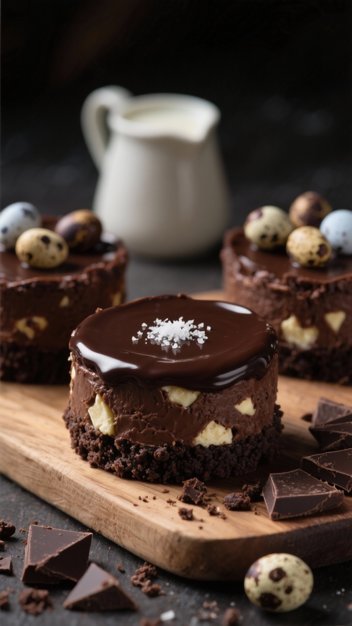 Straight-on close-up of chocolate-overload mini egg cheesecakes: dark chocolate cookie crust, cocoa-rich cheesecake filling dotted with mini egg pieces, finished with a glossy dark chocolate ganache cap. A delicate flake of sea salt on the ganache and a few halved mini eggs pressed on top. Include a blurred background element of a small pitcher of hot cream and chopped dark chocolate on a board. Dramatic moody lighting, high contrast to emphasize sheen of ganache and crumb texture, tight framing for indulgent appeal.