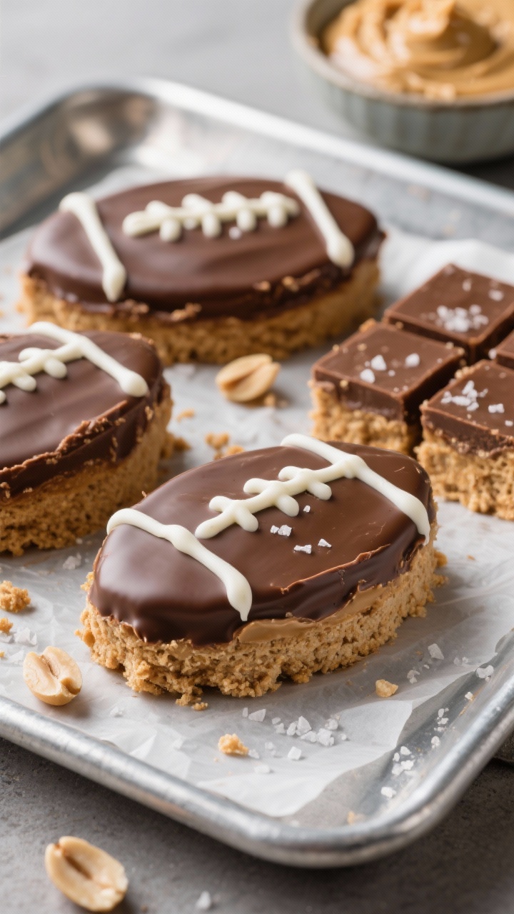 Straight-on close-up of No-Bake Peanut Butter Chocolate Football Bars on a chilled metal tray: thick graham–peanut butter base with a silky semisweet chocolate–peanut butter topping, some pieces cut into oval “football” shapes with piped white chocolate “laces,” others as clean-edged squares; subtle salt crystals and a few crushed salted peanuts for texture; cool, matte styling with parchment and a small bowl of graham crumbs and creamy peanut butter in the background; crisp edges, glossy chocolate sheen