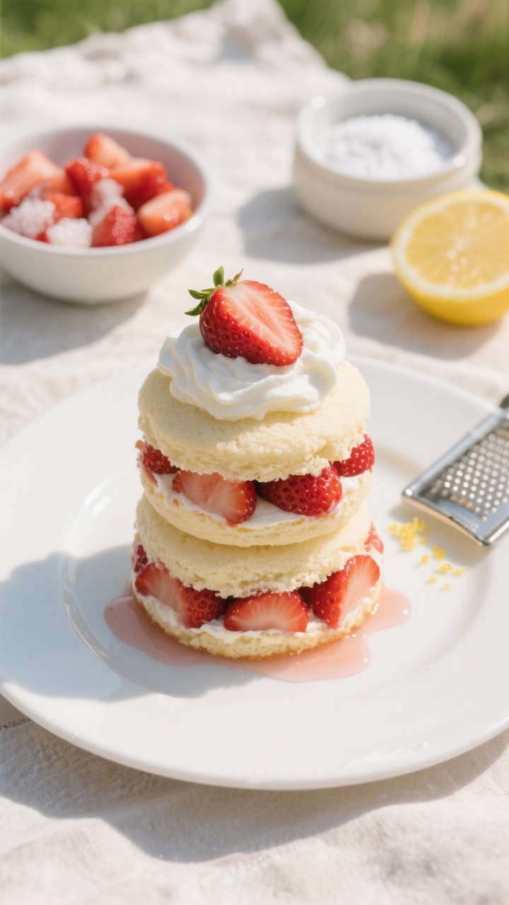 Straight-on close-up of strawberry shortcake minis stacked and layered: tender vanilla mini cakes split horizontally, filled with juicy macerated strawberries (visible juices glistening) and crowned with soft whipped cream clouds; a single halved strawberry perched on top. Include bowls of diced strawberries with sugar and lemon juice, a small dish of powdered sugar, and a microplane with half a lemon to hint at zest. Fresh, airy picnic mood with a light linen, minimal props, and a clean white plate catching drips of strawberry syrup.