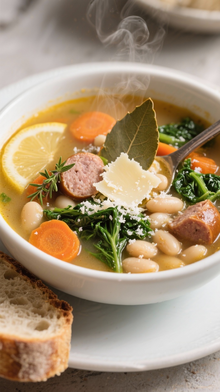 Straight-on cozy soup portrait: steaming bowl of sausage, kale, and cannellini bean soup with a visible Parmesan rind bobbing near the ladle; orange flecks of carrot, green ribbons of kale, and creamy white beans in a clear golden broth with oregano and a bay leaf peeking; finished with a squeeze of lemon and a snowfall of grated Parmesan; rustic bread in frame.