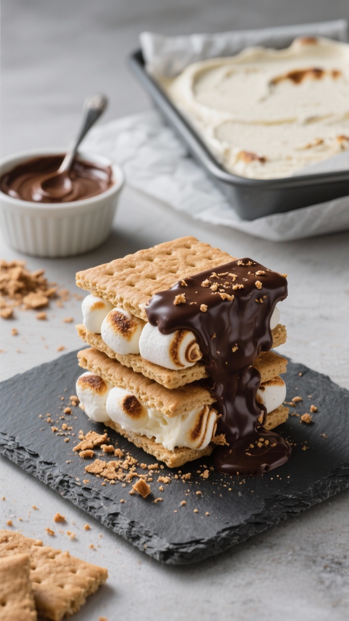 Straight-on hero shot of No-Churn S’mores Ice Cream Sandwiches stacked on a chilled slate: square graham cracker sandwiches filled with visible toasted mini marshmallow streaks and crushed graham swirls in the ice cream, one edge dipped in glossy dark chocolate studded with extra graham crumbs. In the background, a small bowl of crushed grahams, a ramekin of melted chocolate with a spoon, and a parchment-lined 9x9 pan of the firm ice cream slab. Cool, frosty vibe with a hint of campfire nostalgia, sharp focus on chocolate sheen and marshmallow toast marks.