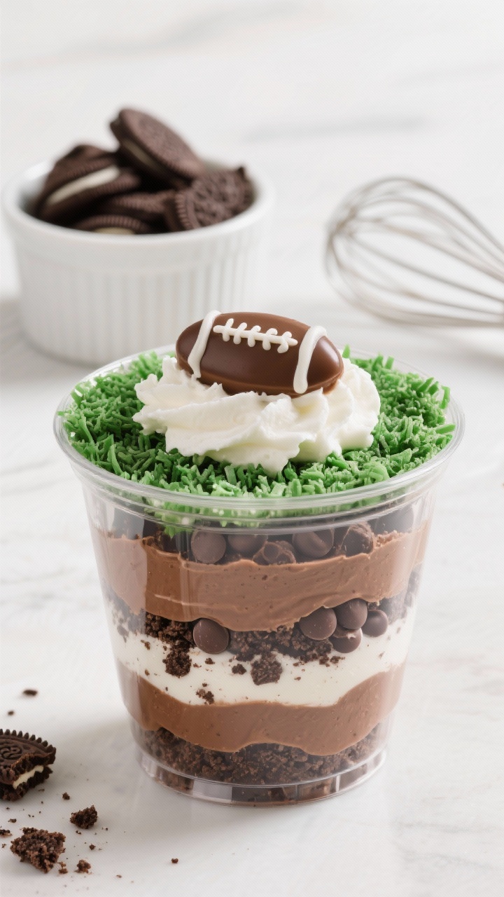 Straight-on layered view of Cookies ’N Cream Football Trifle Cups: clear plastic cups showing neat strata—buttery crushed chocolate cookie crumb, creamy chocolate pudding, mini chocolate chips, and soft-peaked whipped cream—topped with green-tinted coconut “turf” and a small oval of pudding with white icing “laces”; extra crushed cookies in a ramekin and a whisk with whipped cream in the background; bright, clean lighting emphasizing creamy textures and crunchy crumbs