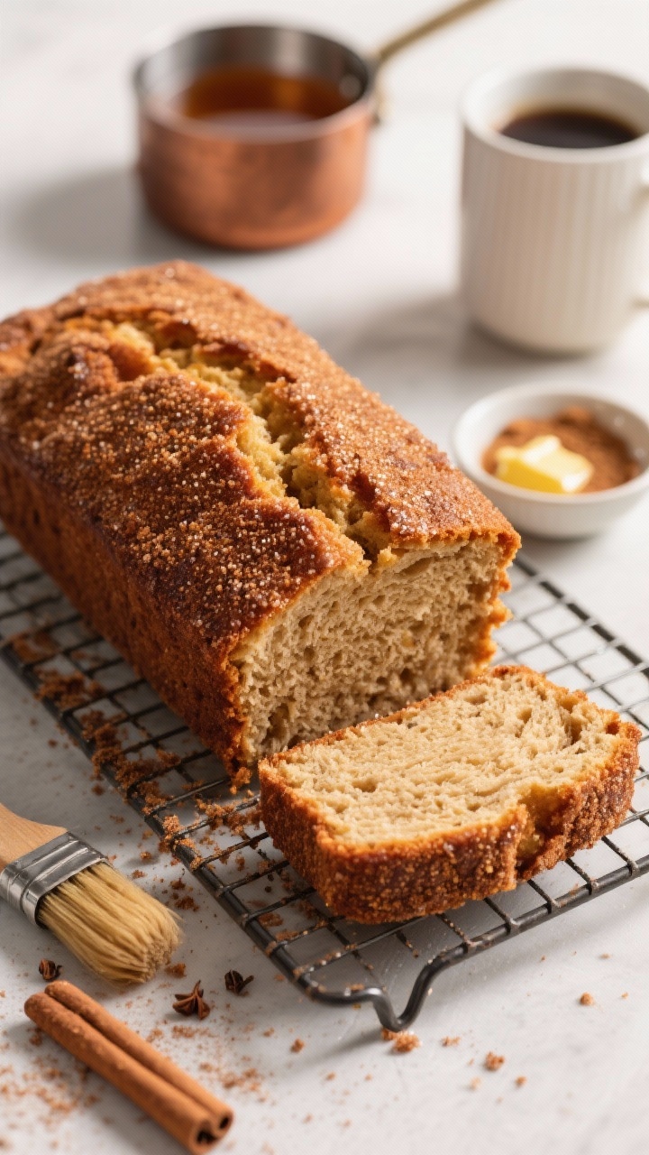 Straight-on loaf shot of apple cider donut bread on a cooling rack, the whole 9x5 loaf cloaked in a thick cinnamon sugar crust that sparkles. One slice cut to reveal moist, tender crumb with warm spice tones (cinnamon, nutmeg, cloves), a small saucepan of reduced apple cider in background, a brush and bowl of melted butter and cinnamon sugar nearby. Morning light, coffee cup out of focus, irresistibly bakery-fresh.