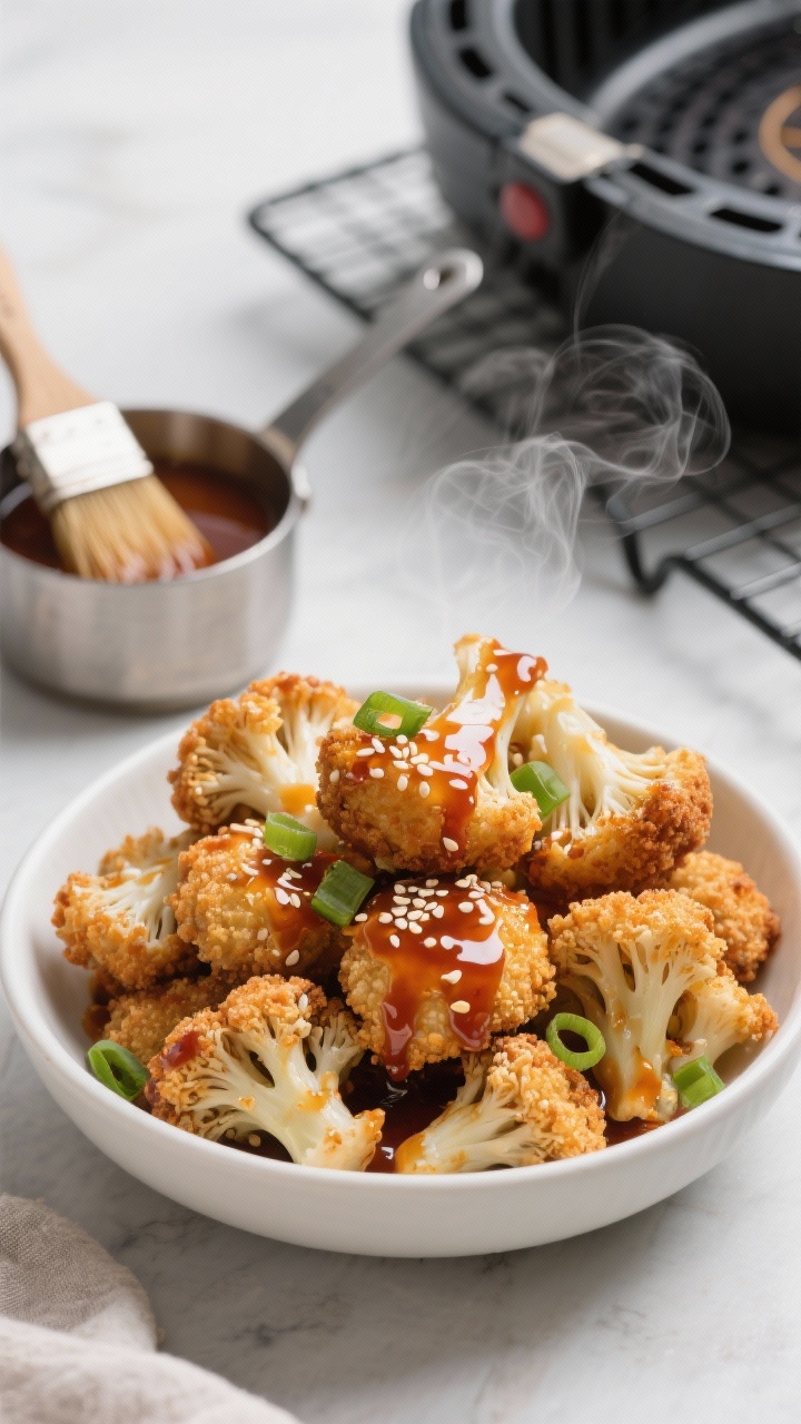 Straight-on macro close-up of sticky honey-garlic cauliflower bites piled in a shallow white bowl, each panko-crusted floret lacquered in glossy honey-soy-garlic-sriracha glaze; steam faintly visible, garnished with sesame seeds and sliced scallions; a small saucepan with thickened sauce and a pastry brush beside it; background elements include a wire rack and air fryer basket hinting at the cooking method; emphasis on crunchy texture and glossy sheen.