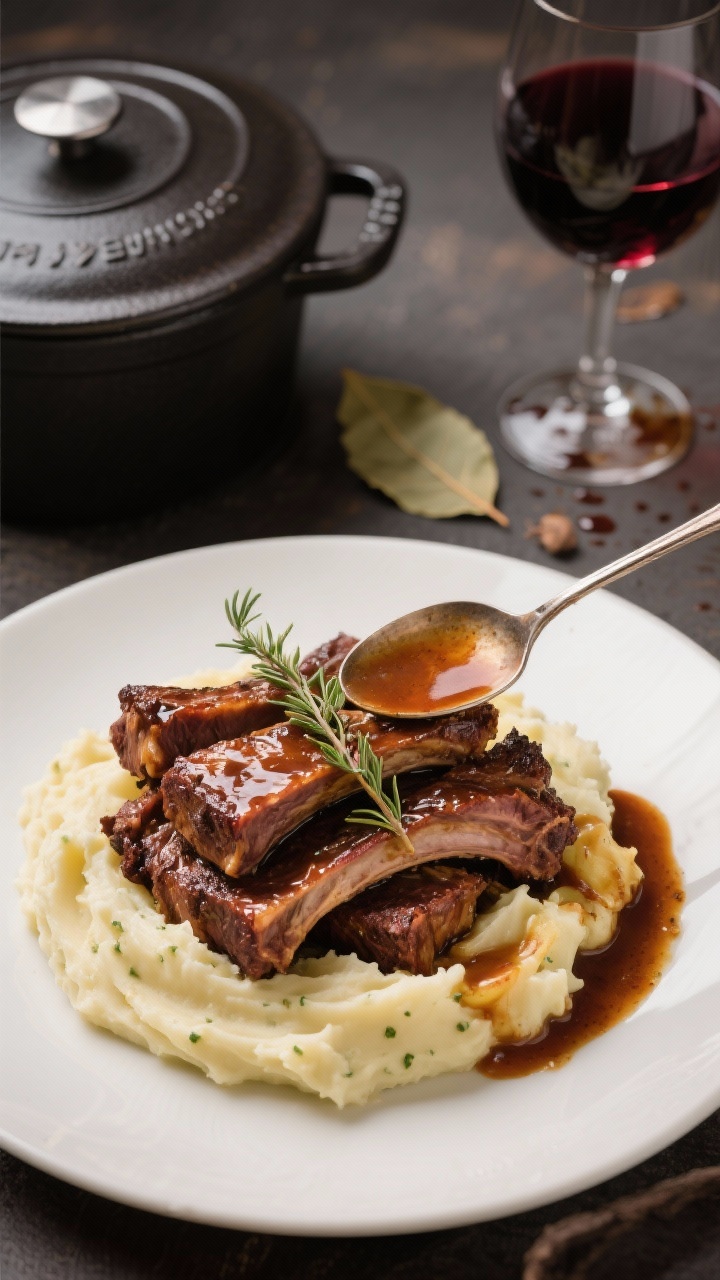 Straight-on plated presentation of cider-braised beef short ribs stacked over a mound of silky horseradish mashed Yukon Gold potatoes. Deep mahogany ribs with spoon-tender strands, glossy reduced apple cider and beef broth sauce spooned over, garnished with thyme leaves. Background props: Dutch oven lid ajar, bay leaves and a splash-stained wine glass hinting at red wine deglaze. Moody, low-and-slow comfort, fall warmth.
