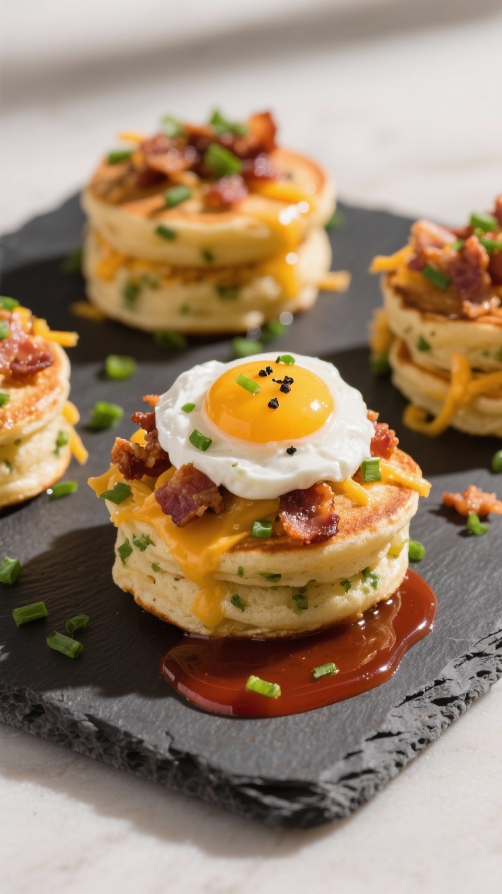 Straight-on plated presentation of Savory Brunch minis on a slate board: fluffy pancakes studded with finely shredded sharp cheddar, bright green chives, and crumbled crispy bacon; topped with a dollop of sour cream and a drizzle of hot honey, with a small pool of hot sauce on the side; optional fried egg perched on the tallest mini, yolk glistening; sprinkled chives and a pinch of black pepper for contrast; neutral background with subtle morning shadows, conveying hearty, savory brunch vibes.