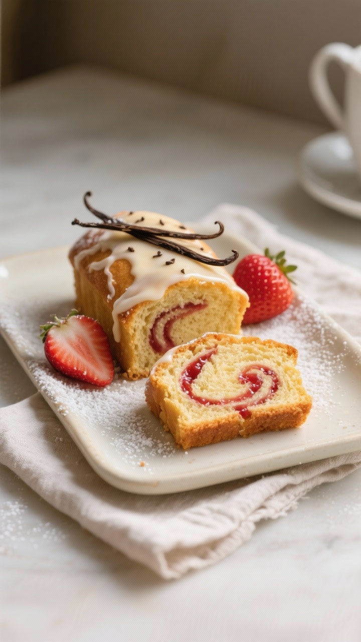 Straight-on plated presentation of Vanilla Bean Mini Loaves with Strawberry Swirl: petite, golden mini loaves sliced to reveal soft, buttery crumb and vivid strawberry jam swirls; a thin vanilla glaze drizzled over the top, tiny vanilla bean specks visible; garnished with fresh strawberries and a light dusting of powdered sugar; set on a pale ceramic tray with a linen napkin, gentle morning light for a refined bakery-at-tea-time mood.
