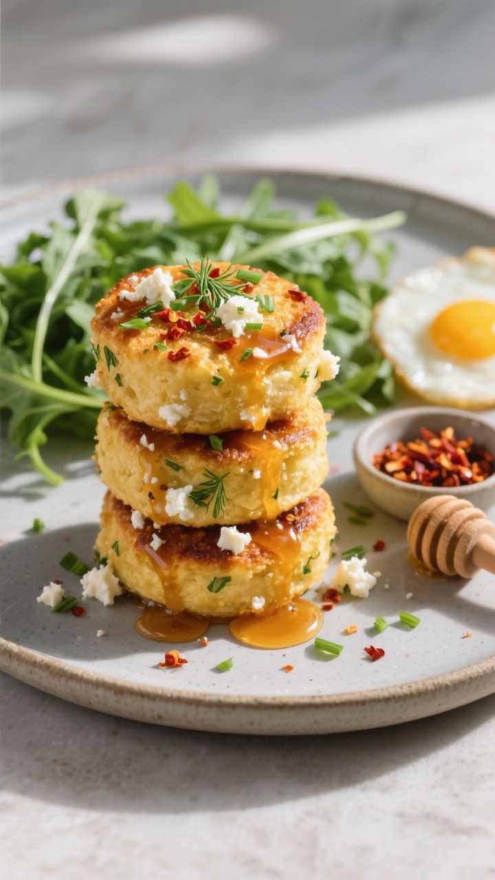 Straight-on plated shot of “Savory Brunch Minis With Herbed Feta And Chili Honey”: a short stack of golden minis flecked with chopped chives and dill, crumbled feta embedded in the surface, generously drizzled with amber chili honey (with visible chili flakes and a hint of smoked paprika); served on a matte stoneware plate with a side of arugula and a fried egg perched to the side for context; a small dish of chili flakes and a honey dipper nearby; textures: crisp-gold exterior, tender crumb, glossy honey; bright, appetizing daylight with subtle shadows; savory, modern brunch aesthetic, no people.