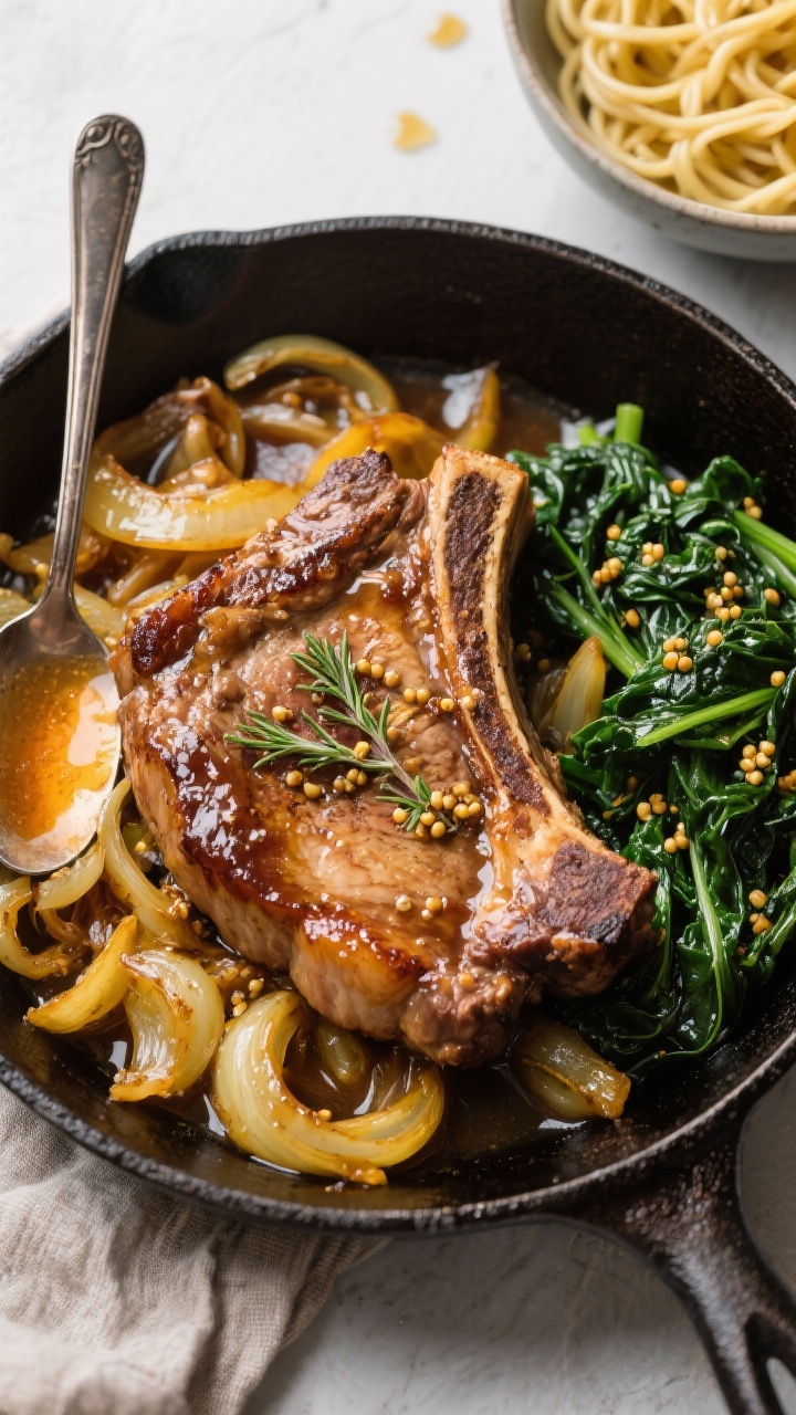 Straight-on skillet presentation: cider-braised bone-in pork chops nestled into a bed of deeply caramelized yellow onions, bathed in glossy apple cider and chicken broth reduction with whole-grain mustard and thyme; wilted mustard greens folded in at the edge; served in a cast-iron pan with a spoon trail through the saucy onions, and a side bowl of buttered egg noodles catching drips.