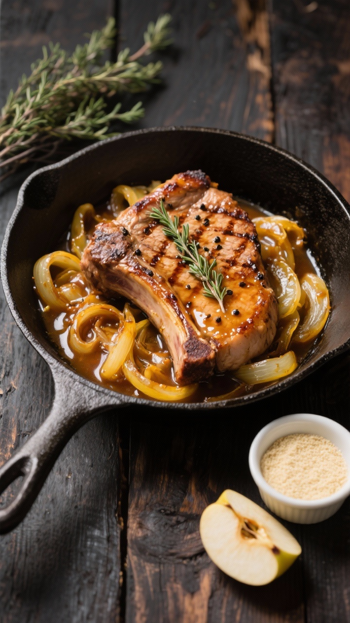 Straight-on skillet scene: Cider-braised bone-in pork chops nestled in jammy caramelized yellow onions with fresh thyme sprigs, bathed in a glossy apple cider–chicken broth–Dijon sauce. Sear marks visible on chops, sauce lightly thickened and spooned over, flecks of black pepper. Cast-iron skillet on a dark wooden surface, small ramekin of cornstarch slurry off to the side, a few sliced apples optional in the pan, and a bundle of fresh thyme. Inviting, slightly fancy fall comfort vibe with rich amber highlights.