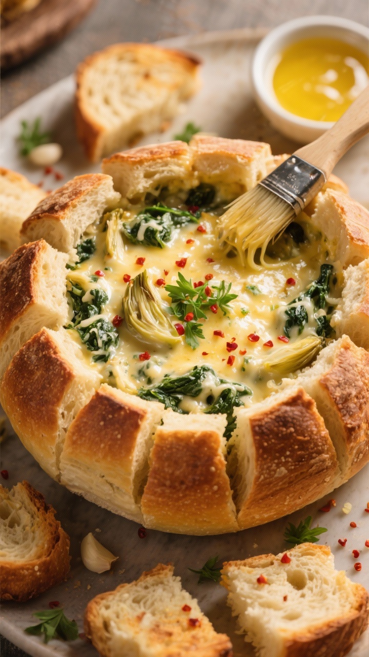 Three-quarter angle hero shot of a cheesy spinach-artichoke pull-apart bread bowl centerpiece: crusty sourdough boule filled with bubbling, golden spinach-artichoke dip (mozzarella and Parmesan stretch visible), surrounded by buttery, toasted pull-apart bread pieces; flecks of red pepper flakes and minced garlic in the dip, finished with chopped parsley; a brush with melted butter and a small bowl of extra dip nearby; warm, inviting lighting that highlights creamy texture and browned edges.